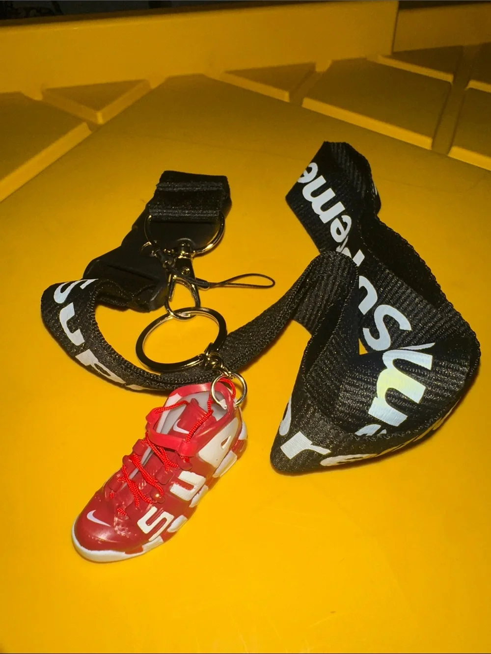 Supreme Red and White Kids Sneaker Keychain with Black Lanyard